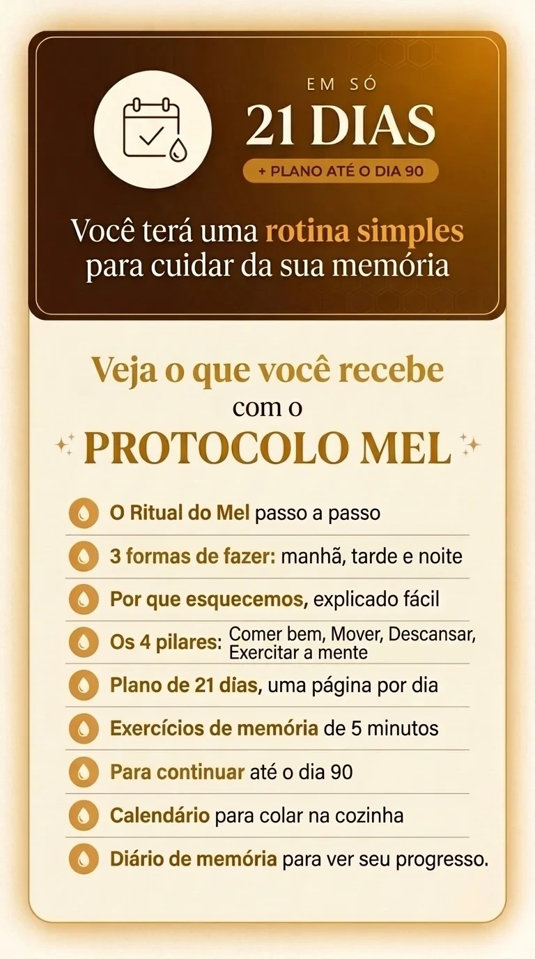 Em só 21 dias, mais plano até o dia 90: você terá uma rotina simples pra cuidar da sua memória. Veja o que você recebe com o Protocolo Mel.