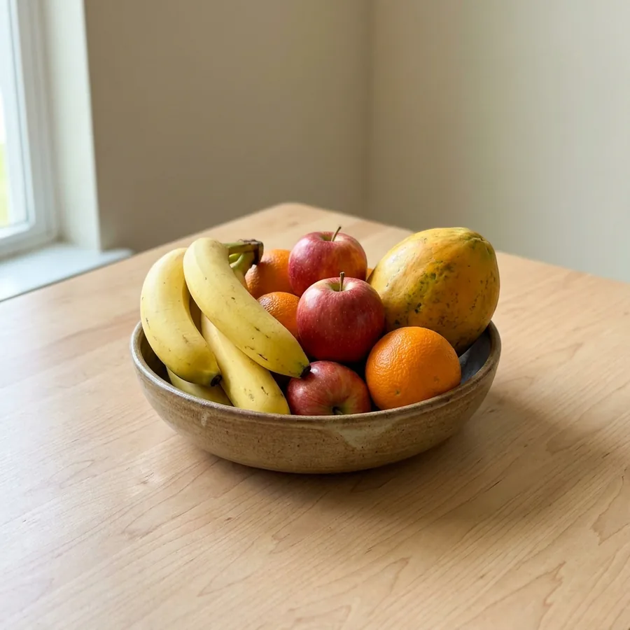 Fruteira com banana, maçã, laranja e mamão