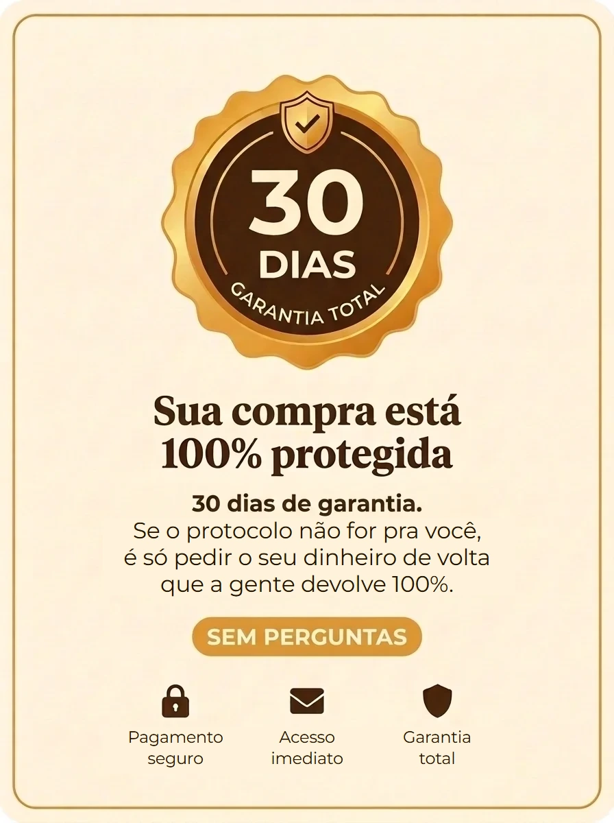 30 dias de garantia total. Sua compra está 100% protegida. Se o protocolo não for pra você, é só pedir o seu dinheiro de volta que a gente devolve 100%. Sem perguntas.