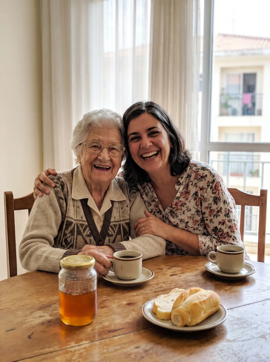 Lúcia abraçada com a mãe, as duas sorrindo na mesa da cozinha